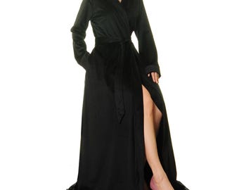 Black Velvet Floor Length Robe: Vintage Style Kimono Dressing Gown