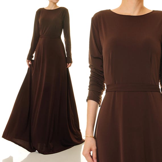 Brown Maxi Dress Long Sleeves Abaya Dress | Fit Flare Maxi Dress | Modest  Long Sleeve Brown Gown | Brown Evening Dress Sleeves 6431/6432 - Etsy