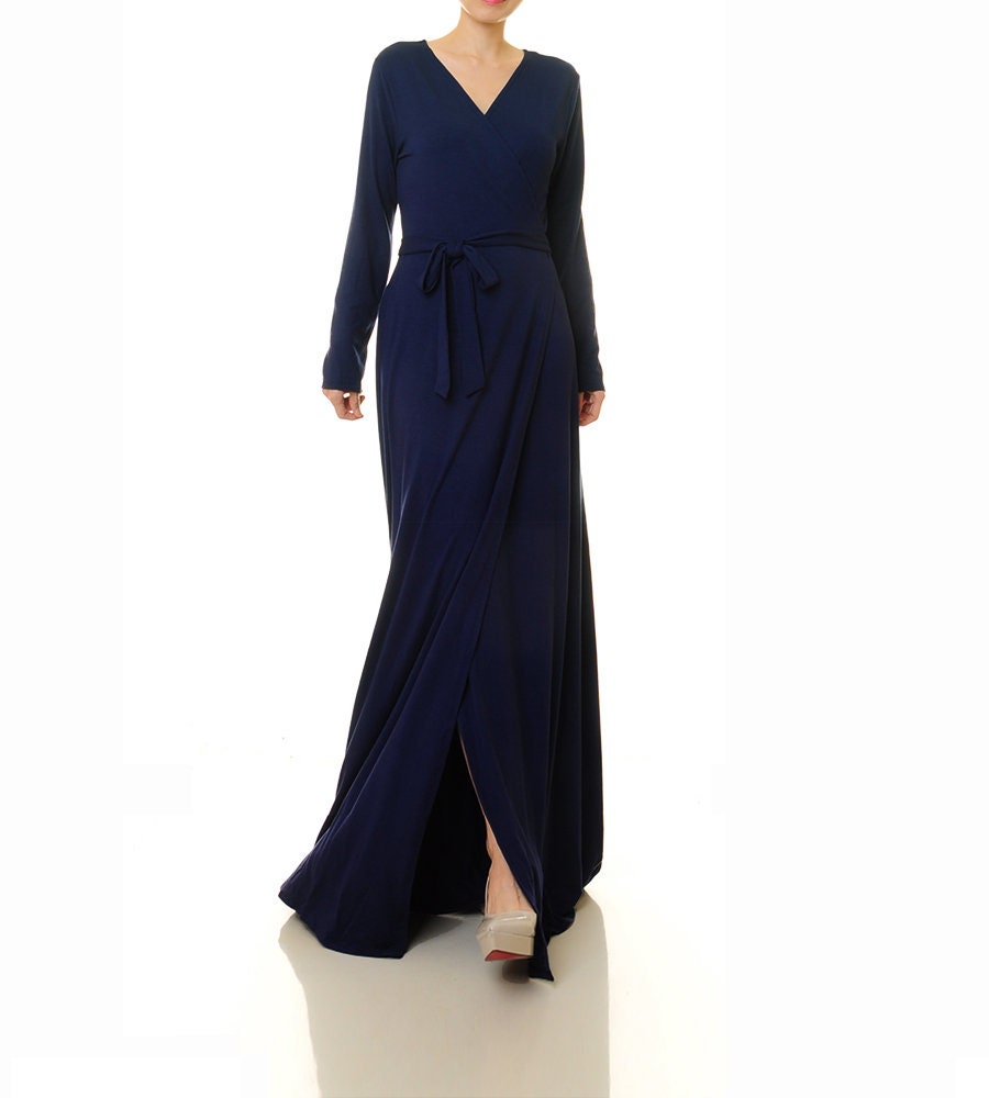 Navy Blue Wrap Dress Long Sleeve Navy 