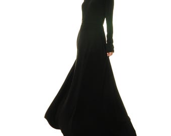 Black Maxi Dress Fit & Flare | Black Gown Long Sleeve | Long Black Dress | Black Abaya | Funeral Dress Gothic Dress | Medieval Dress