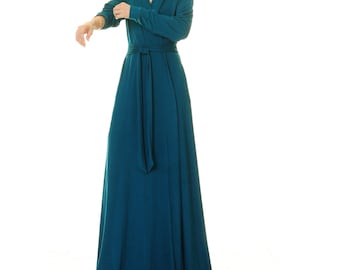 Teal Shawl Collar Robe: Floor Length Kimono Loungewear Wrap Dress