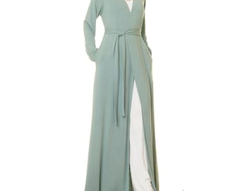 Mint Green Kimono Robe: Long Open Front Duster Cardigan Dressing Gown 6662