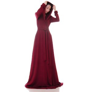 Burgundy Hooded Robe | Floor Length Kimono Dressing Gown Burgundy | Red Medieval Dress Cloak Hood | Bamboo Sleepwear Lounging Housecoat 6715