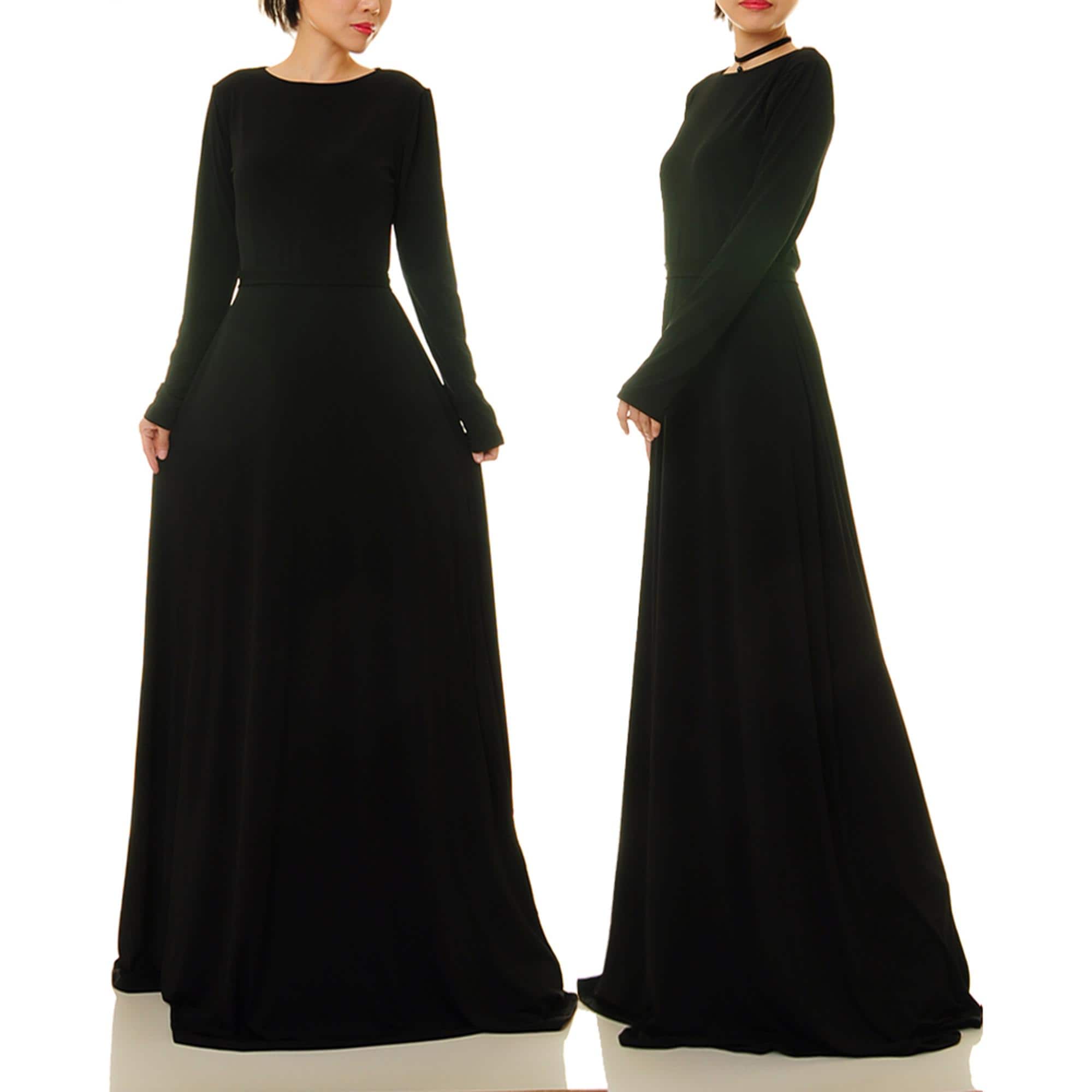 Black Maxi Dress Fit & Flare | Black Gown Long Sleeve | Long Black Dress | Black Abaya | Funeral Dress Gothic Dress | Medieval Dress