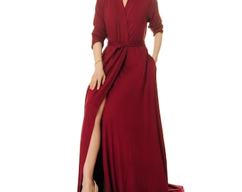 Burgundy Floor Length Robe: Wrap Style Dressing Gown