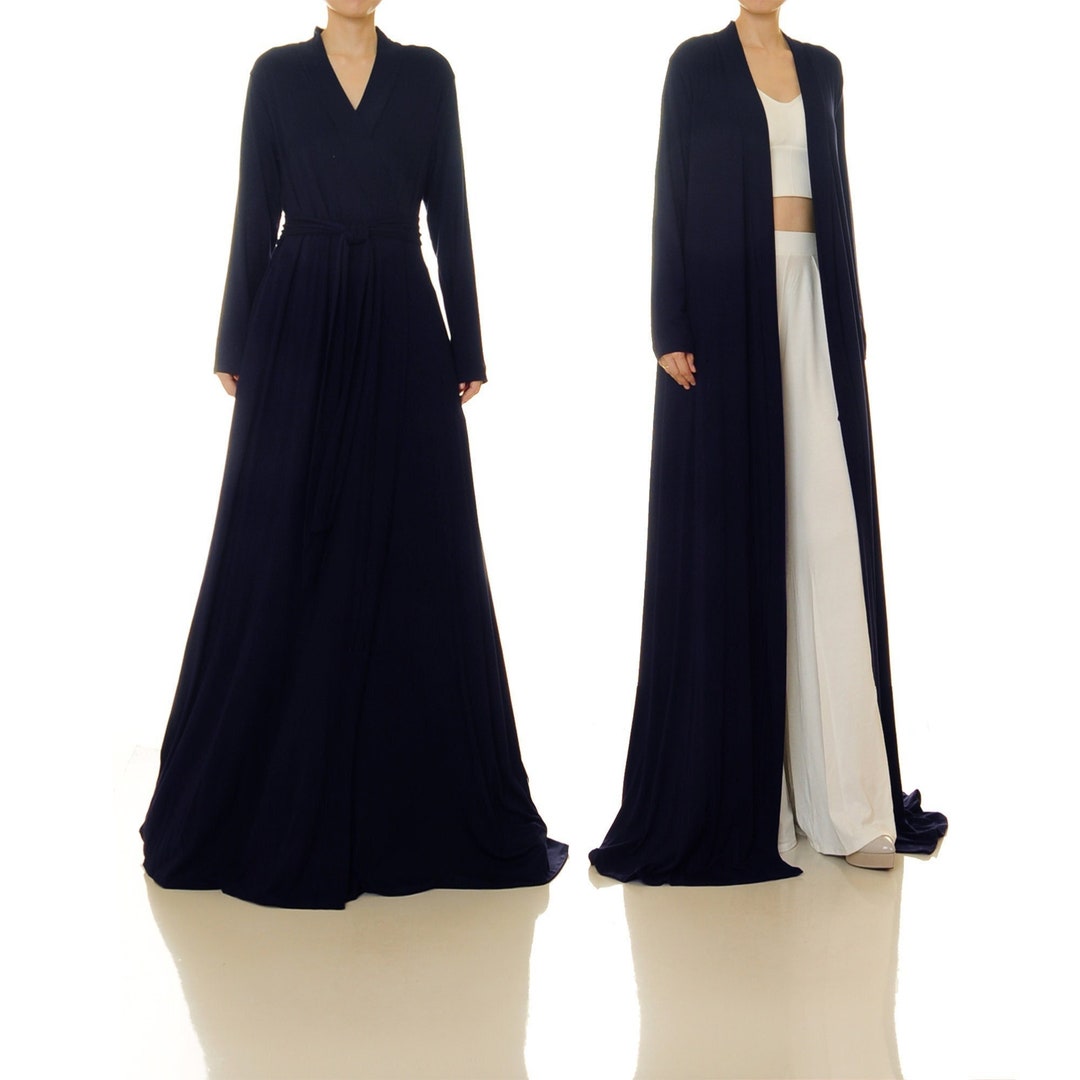 Long Overcoat Women Dressing Gown Navy Blue Fit Flare Coat Full Length