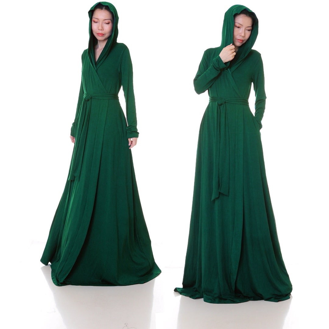 Emerald Green Hood Robe W/ Pockets Full Length Hoodie Kimono Dressing