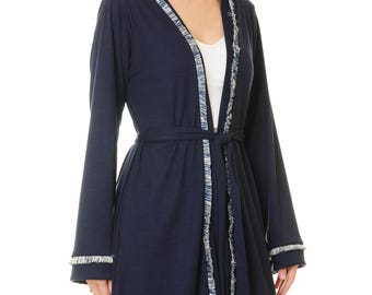 Duster Robe Open Style Kimono Dressing Robe Navy | Get Ready Robe Pocket | Rib Knit Housecoat Loungewear | Home Cover Up Dress Cardigan 6660