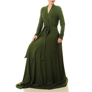 Olive Green Floor Length Robe: Kimono Loungewear Wrap Dress
