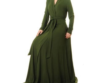 Olive Green Floor Length Robe: Kimono Loungewear Wrap Dress