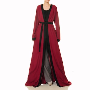 Christmas Kimono Robe Burgundy | Long Dressing Gown Red | Open Front Duster Housecoat | Floor Length Cardigan Coverup | Boho Loungewear 6669