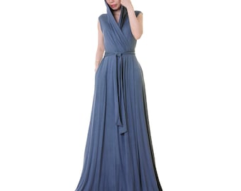 Slate Blue Hoodie Vest Robe Cardigan: Sleeveless Boho Maxi Dress