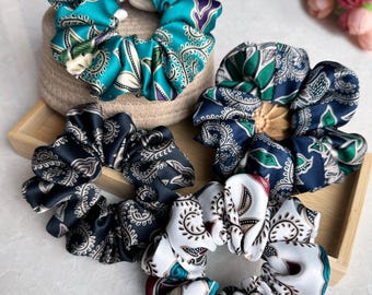 Boho Batik Satin Scrunchies: Indonesian Print Hair Tie
