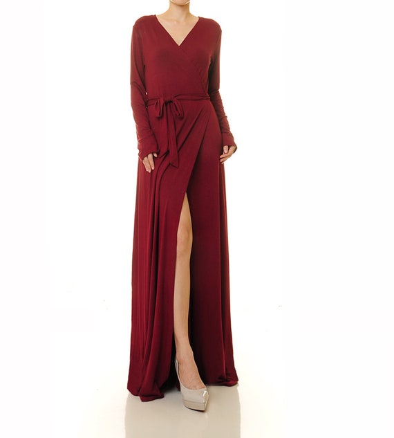 Burgundy Wrap Dress Robe Long Sleeve Red Maxi Dress Maroon | Etsy