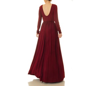 Red Maxi Dress Long Sleeve With Pockets | Low Back Burgundy Dress Fit & Flare | Floor Length Evening Dress | Plus Size Long Red Dress 6676