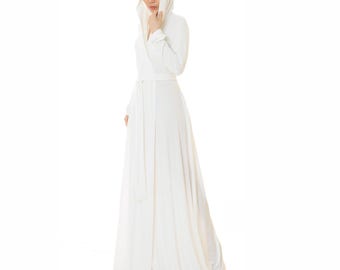 White Hooded Robe: Bridal Kimono Dressing Gown
