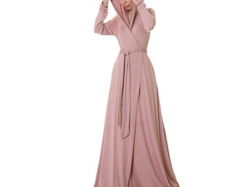 Pink Hoodie Kimono Robe: Long Bridal Dressing Gown