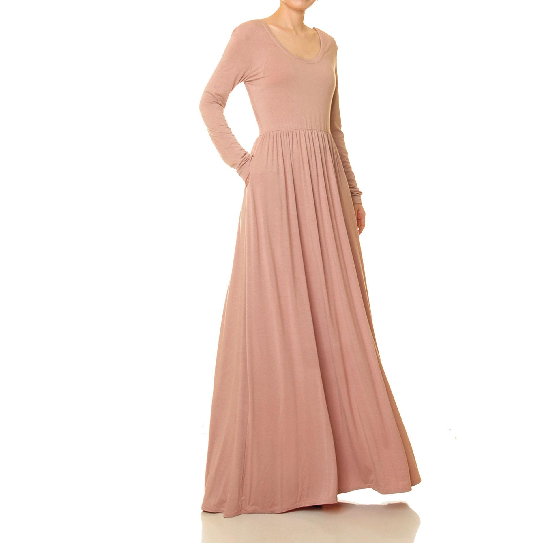 Dusty Pink Maxi Dress: Long Sleeve Low Back Fit & Flare Gown - Etsy