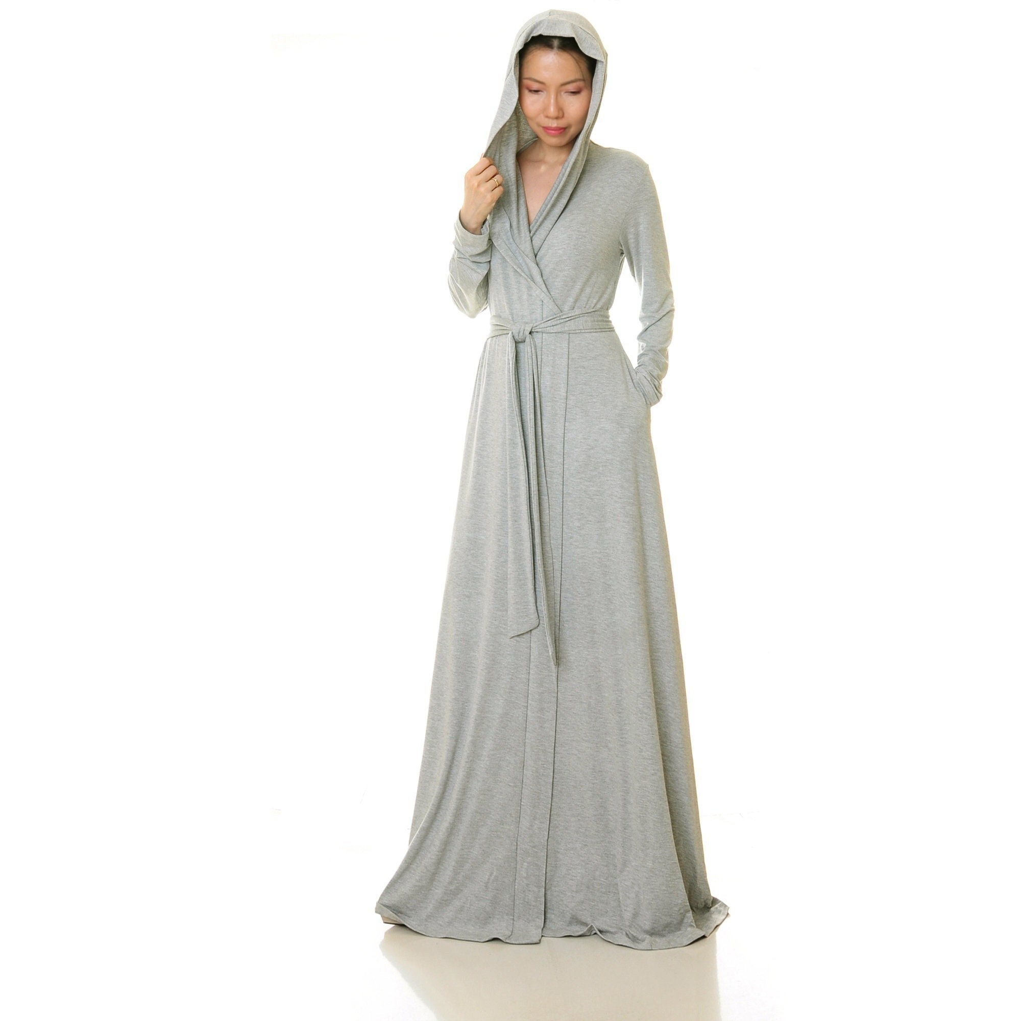 Heather Grey Hoodie Robe THIN LIGHTWEIGHT FABRIC | Long Dressing Gown | Hooded Cardigan | Summer Getting Ready Robe | Length 56" (6705)