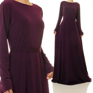 Long Sleeve Purple Maxi Dress Fit Flare Dress Formal Purple Plum Evening Dress Purple Gown Wedding Party Dress Modest Abaya Dress 6432 image 3