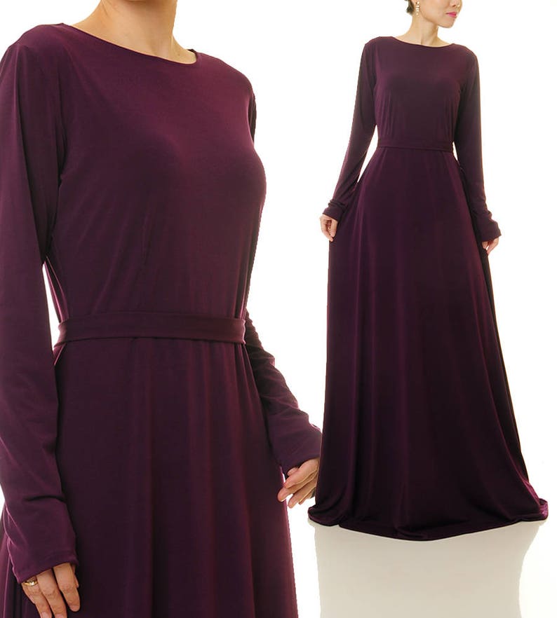 Long Sleeve Purple Maxi Dress Fit Flare Dress Formal Purple Plum Evening Dress Purple Gown Wedding Party Dress Modest Abaya Dress 6432 image 3