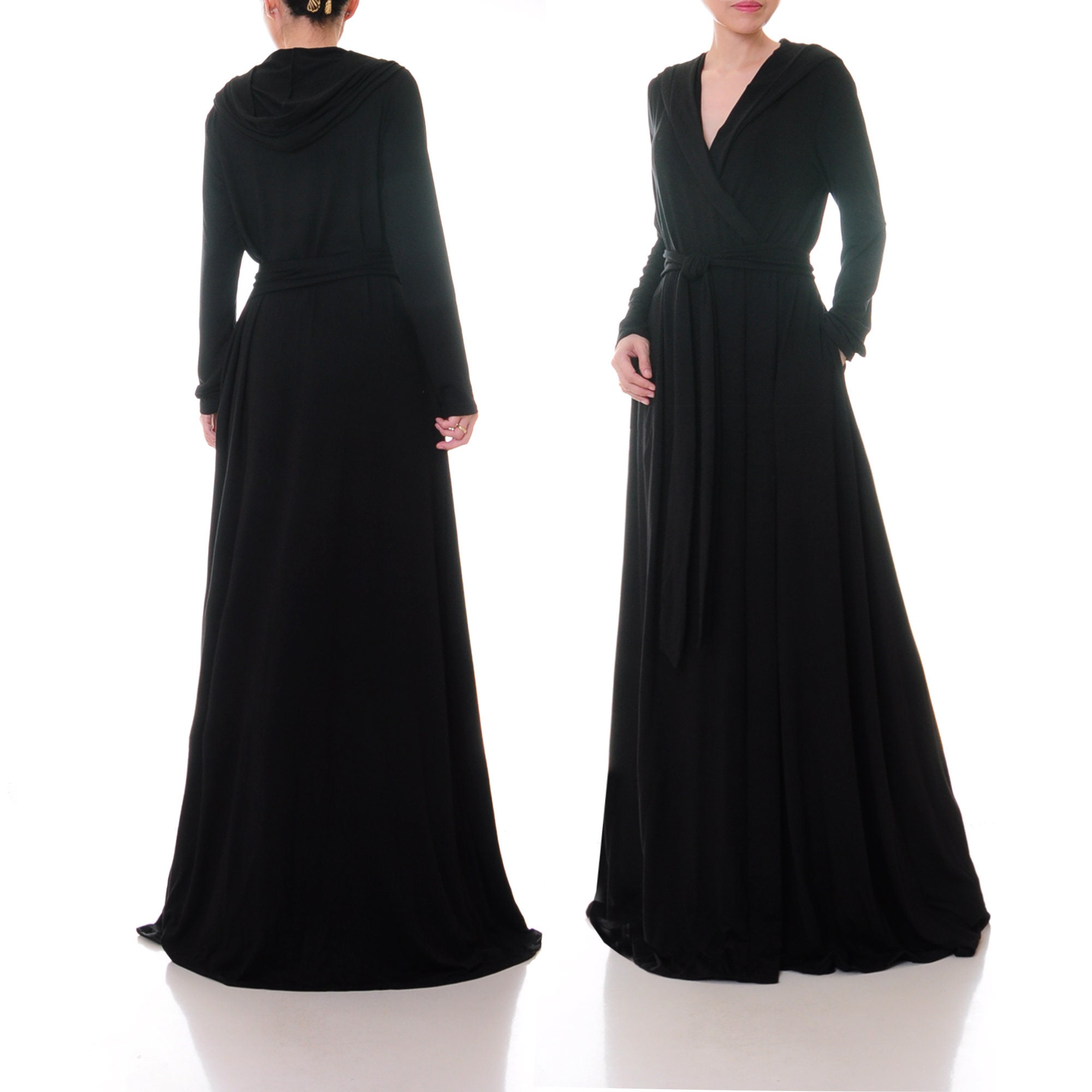 Black Hooded Robe Pockets Full Length Hoodie Kimono Cardigan Etsy