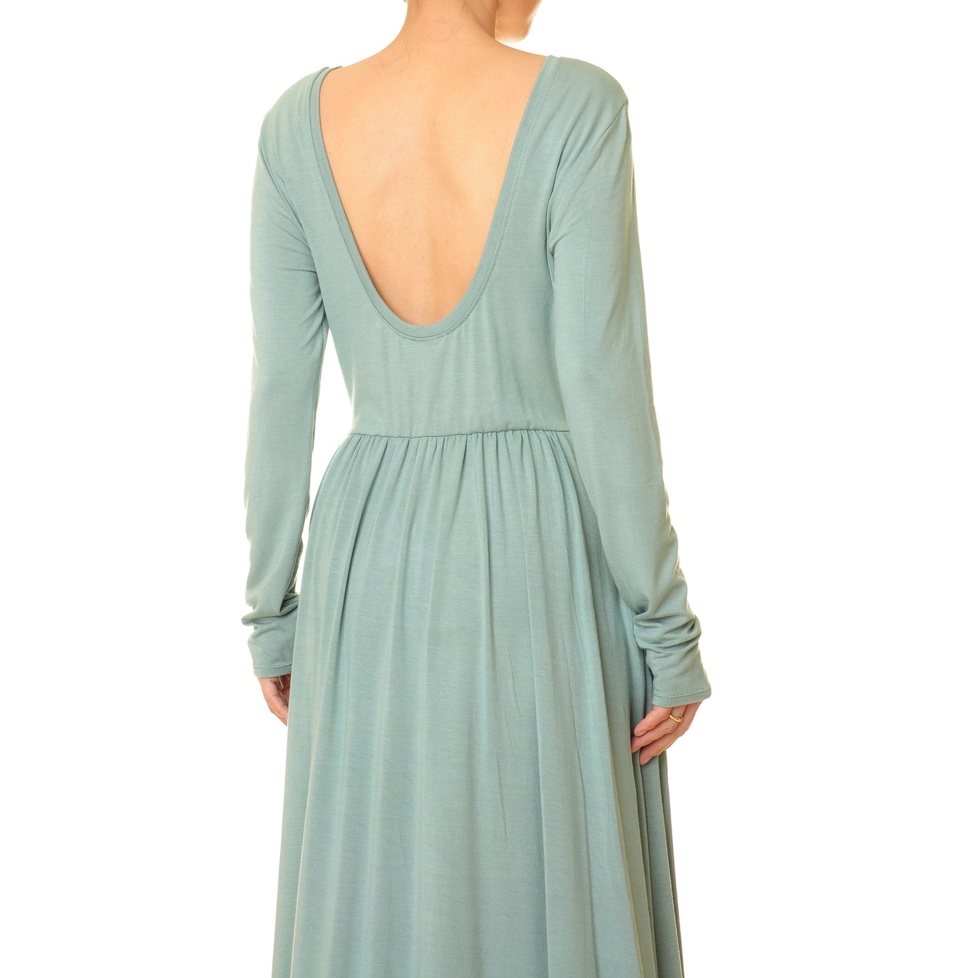 Mint Green Maxi Dress: Long Sleeve Low Back Fit & Flare Gown