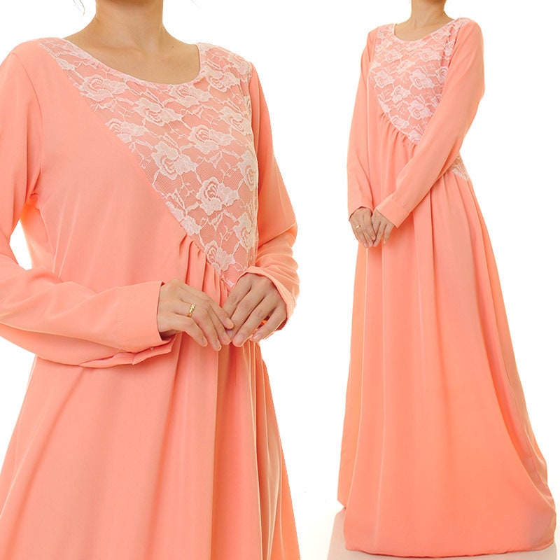 Long Peach Dress Peach Maxi Dress Long Sleeve Dress Abaya Etsy