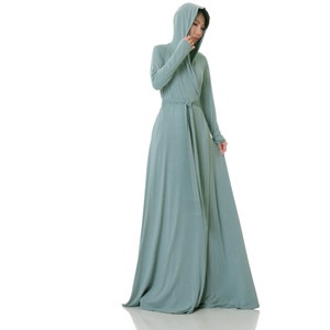Sage Green Hooded Robe: Long Sleeve Kimono Dressing Gown