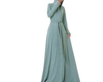 Sage Green Hooded Robe: Langarm Kimono Morgenmantel