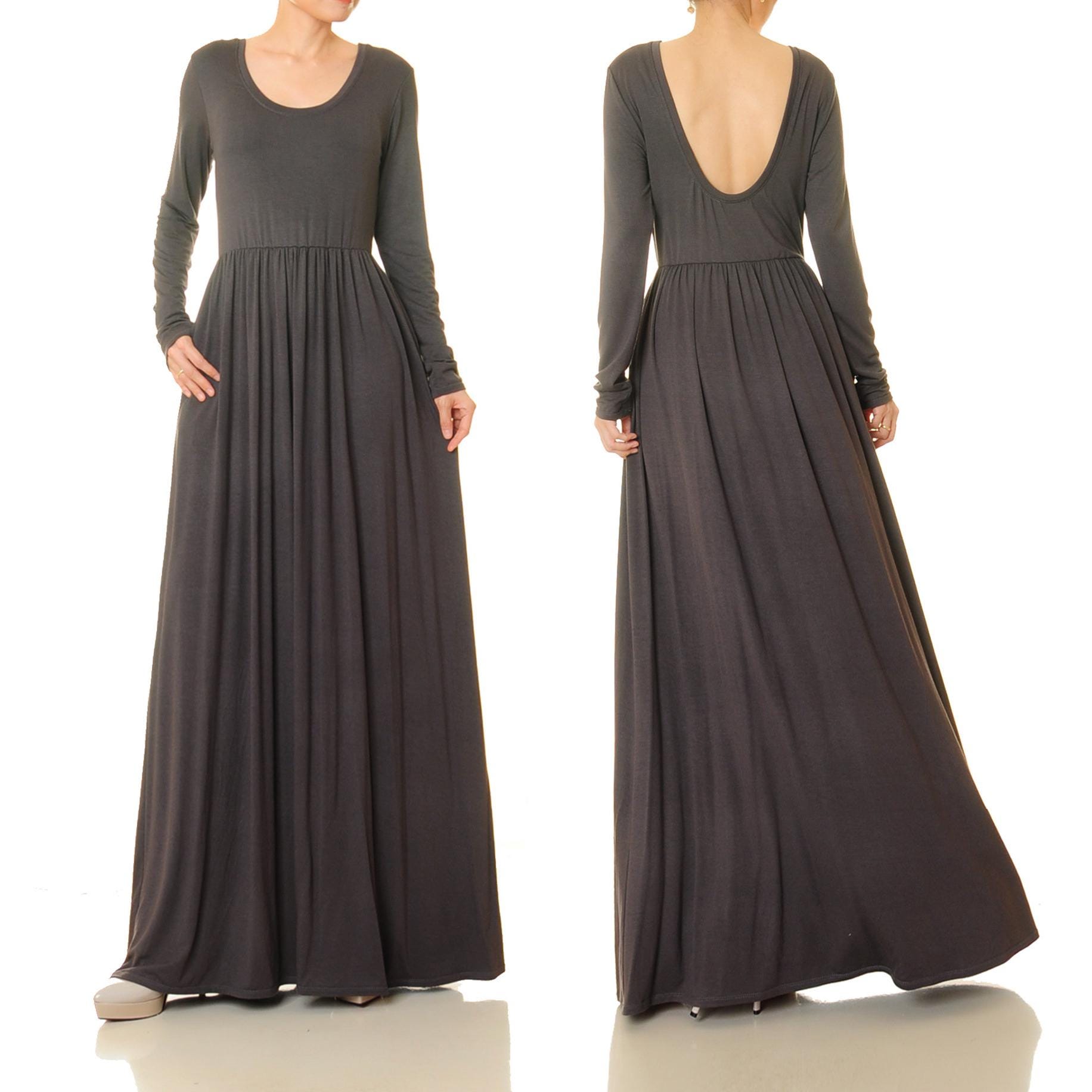 Grey Long Sleeve Maxi Dress: Low Back, Fit & Flare Knit with Pockets