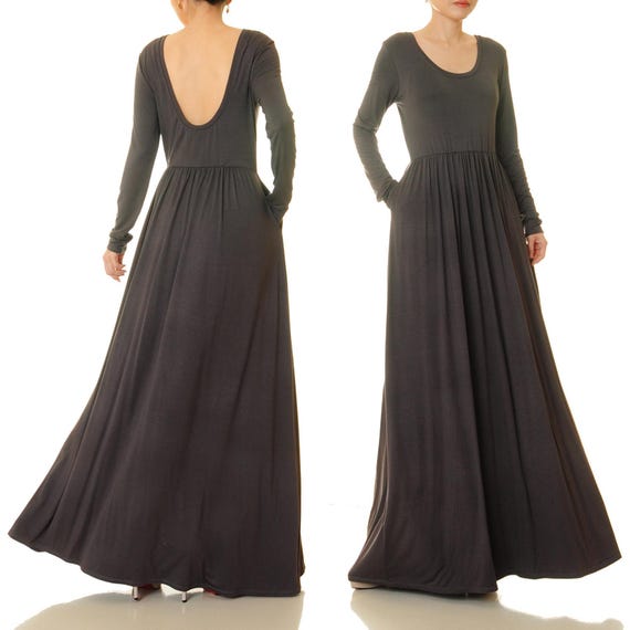 Grey Long Sleeve Maxi Dress: Low Back, Fit & Flare Knit with Pockets Grey Long Sleeve Maxi Dress: Low Back, Fit & Flare Knit with Pockets