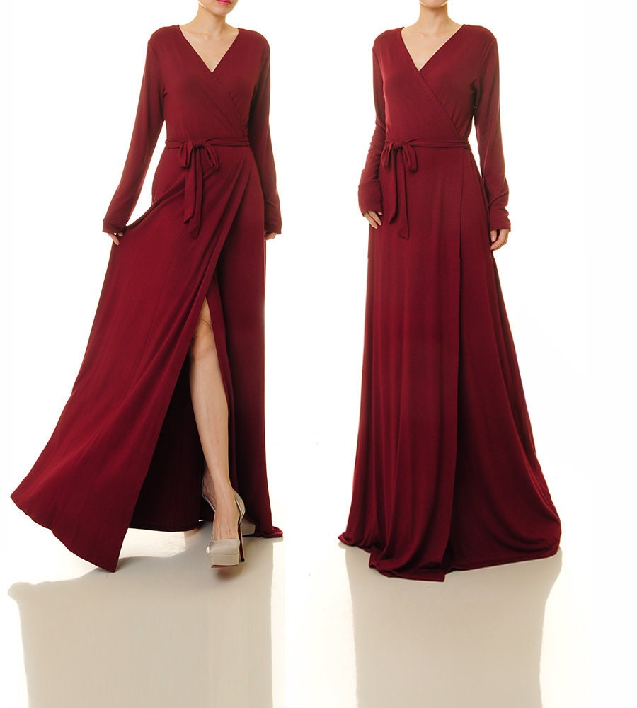 Burgundy Dress Wrap Dress Long Sleeve ...