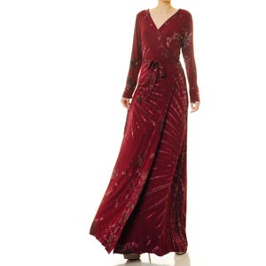 Wrap Dress Long Sleeve | Red Wrap Dress | Tie Dye Shibori Dress | Tie Dye Maxi Dress Plus Size | Wrap Maxi Dress Boho | Burgundy Dress 6603