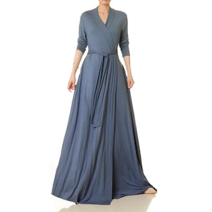 Dressing Gown Wrap Robe Slate Blue | Full Length Kimono Wedding Robe | Loungewear Fit n Flare House Coat | Getting Ready Robe w/ Pocket 6702