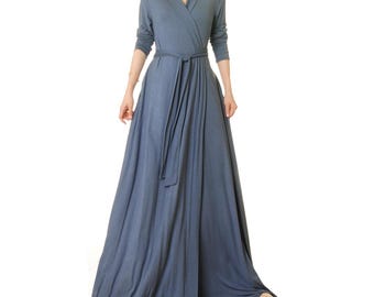 Slate Blue Jersey Knit Robe: Full Length Kimono Wrap Loungewear
