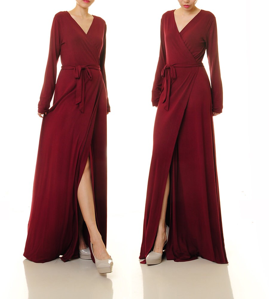 Burgundy Wrap Dress Robe Long Sleeve ...