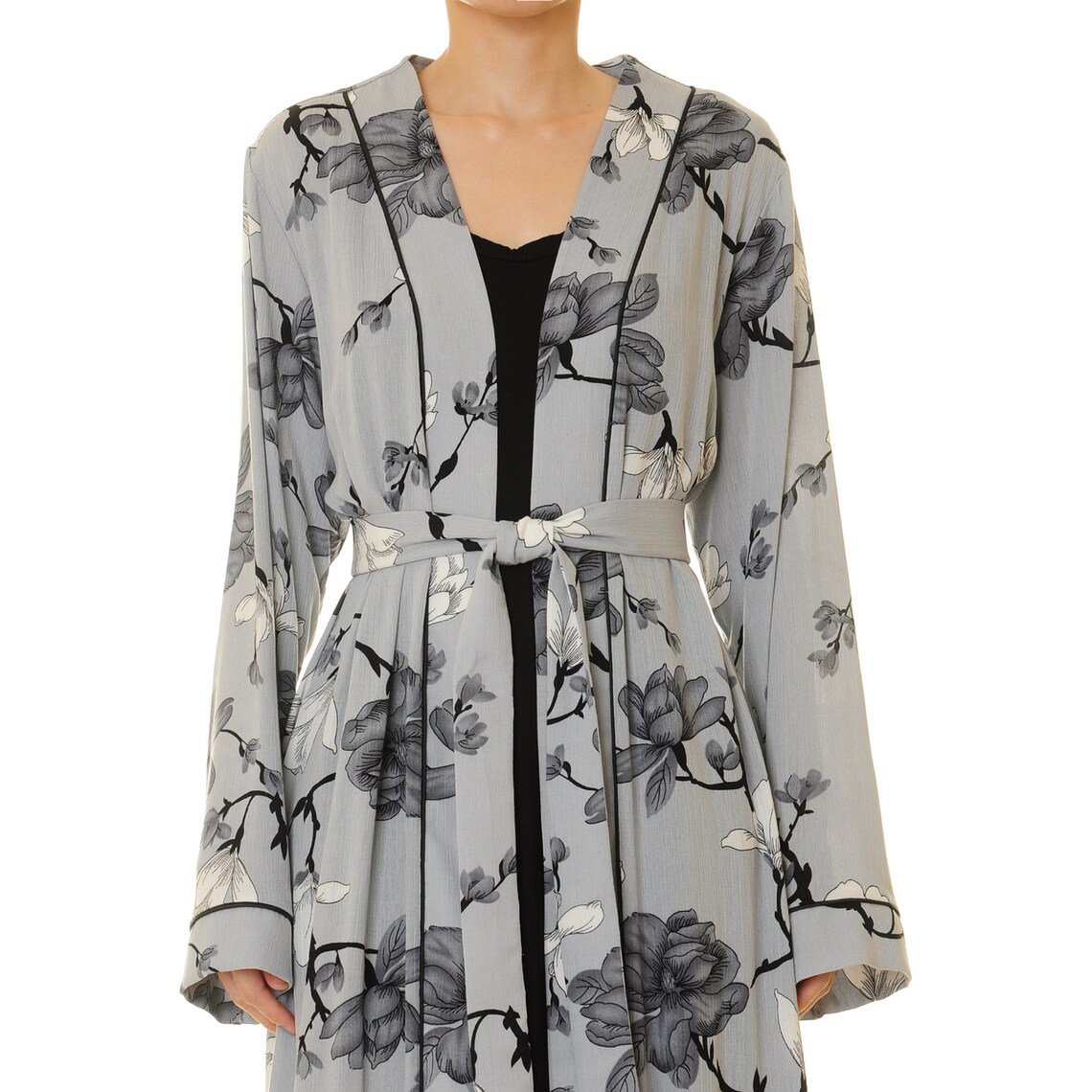 Grey Floral Kimono Robe Long Sleeve Boho Loungewear Open Etsy