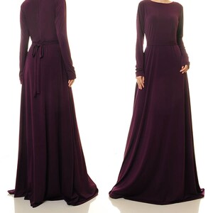 Long Sleeve Purple Maxi Dress Fit Flare Dress Formal Purple Plum Evening Dress Purple Gown Wedding Party Dress Modest Abaya Dress 6432 image 4