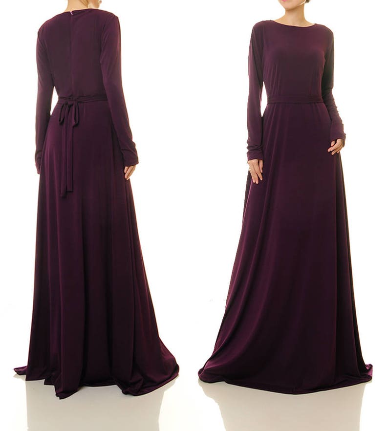 Long Sleeve Purple Maxi Dress Fit Flare Dress Formal Purple Plum Evening Dress Purple Gown Wedding Party Dress Modest Abaya Dress 6432 image 4