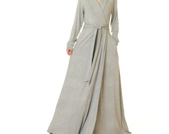 Heather Grey Shawl Collar Robe: Floor Length Loungewear Wrap Dress