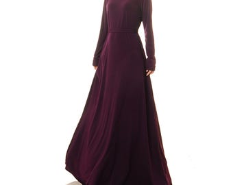 Purple Maxi Dress Long Sleeve | Fit Flare Dress | Formal Purple Plum Evening Dress | Purple Gown Wedding Party Dress Modest Abaya Dress 6432