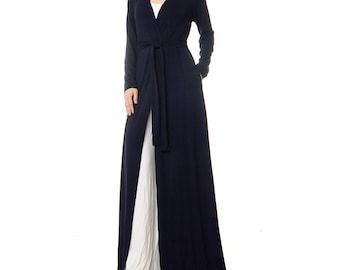 Dark Navy Full Length Duster Jacket | Open Front Kimono Robe Loungewear | Cardigan Housecoat | Long Dressing Gown | Bamboo Robe 6444/6633