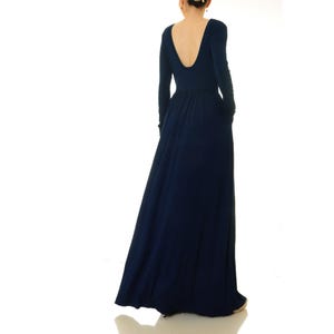 Robe longue bleu marine foncé manches longues poches | Robe ajustée et évasée à dos bas | Robe de soirée bleu marine longue au sol | Robe de cocktail bleu marine grande taille 6679