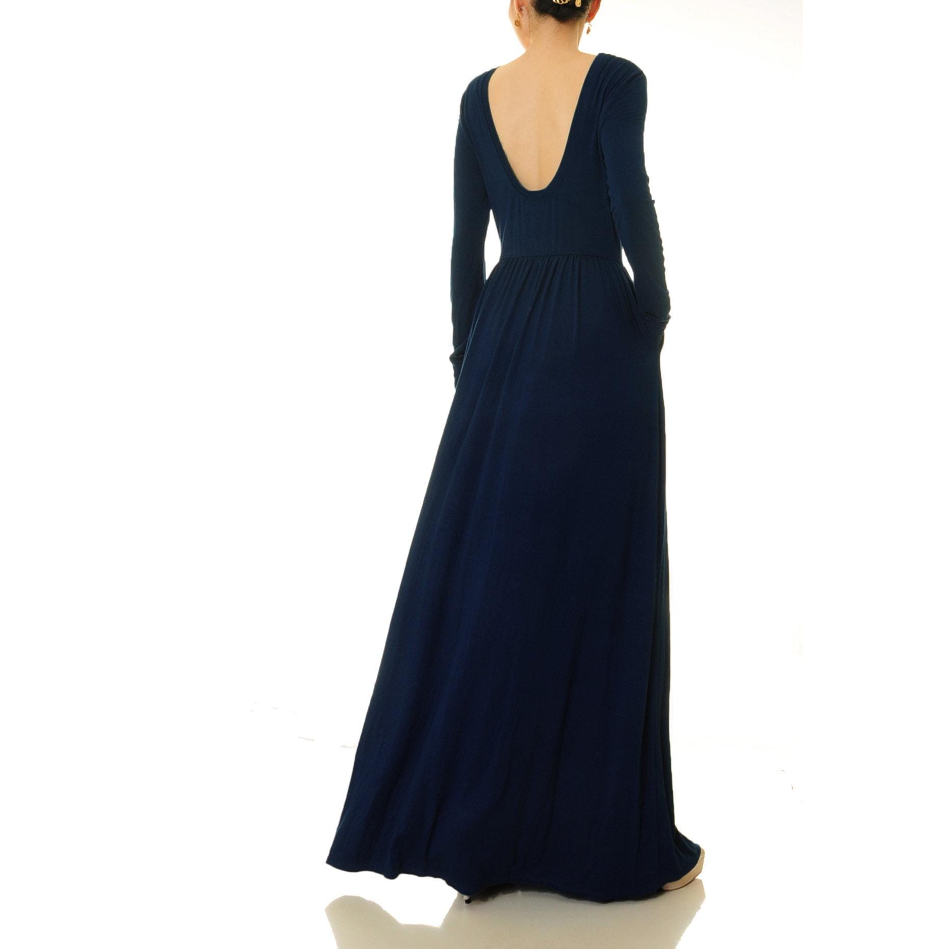 Dark Navy Maxi Dress: Long Sleeve Low Back Fit & Flare Gown Dark Navy Maxi Dress: Long Sleeve Low Back Fit & Flare Gown