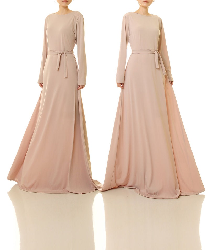 Beige Maxi Dress Swing Dress Abaya Fit Flare Dress Beige Dress Long Sleeve Winter Dress Wedding Guest Dress Church Dress Woman 6578 image 1