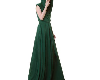 Emerald Green Sleeveless Hoodie Vest Robe: Long Cardigan Festival Dress
