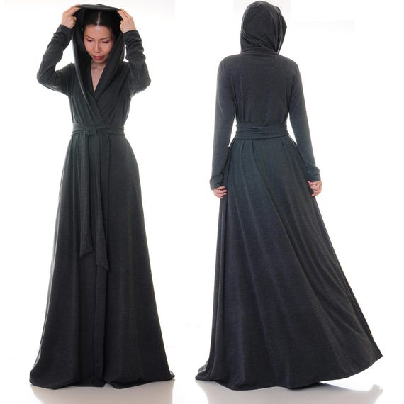 floor length hooded dressing gown Charcoal Grey Hooded Kimono Robe: Floor Length Loungewear