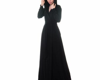 Black Hooded Robe: Long Kimono Cardigan Loungewear