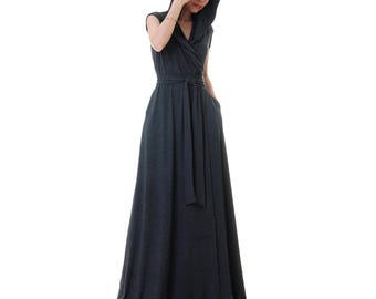 Charcoal Grey Hooded Vest Robe: Sleeveless Festival Wrap Maxi Dress
